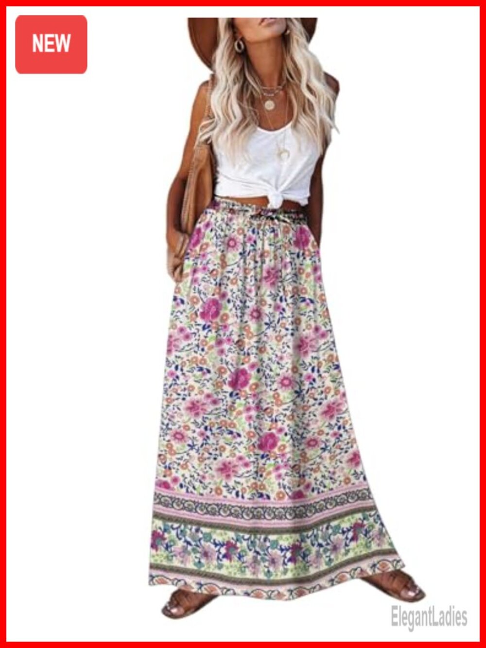 Boho Floral Maxi Skirt High Waist A-Line Flowy Beach Long Skirt Pockets
